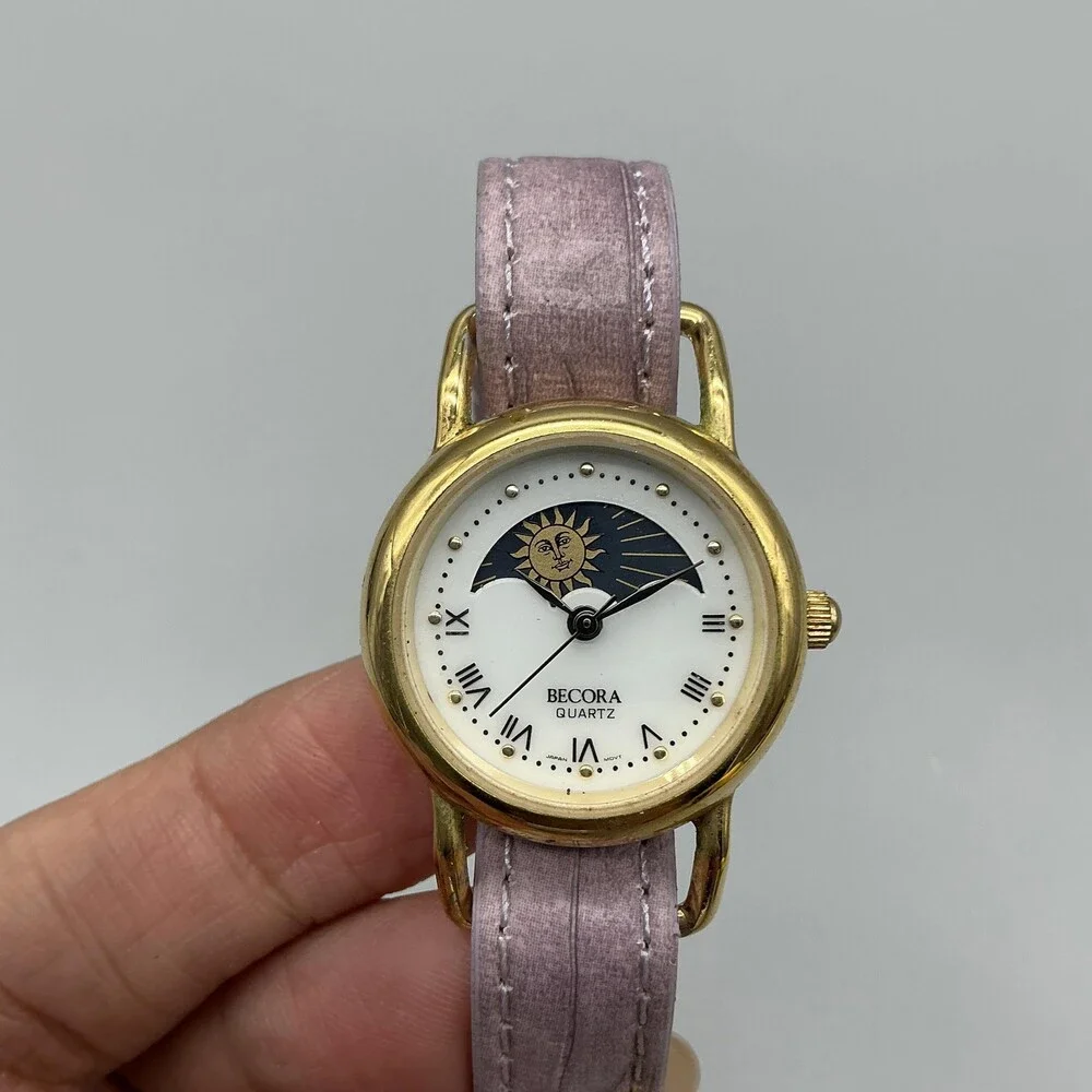 Becora V3080 Womens Watch 26mm Moon Phase Gold Tone Pink Strap New Battery